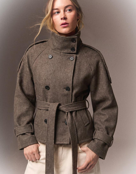 Women's funnel-neck belted trench jacket with double-breasted buttons