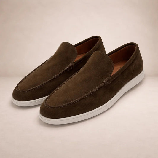 Men's slip-on moc toe loafers with stitched trim and light soles