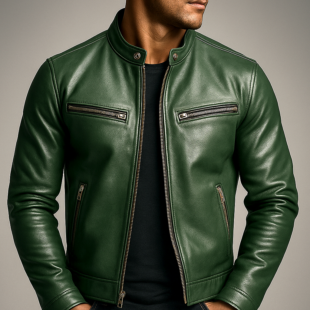 Men's leather biker jacket with standing collar and zip pockets