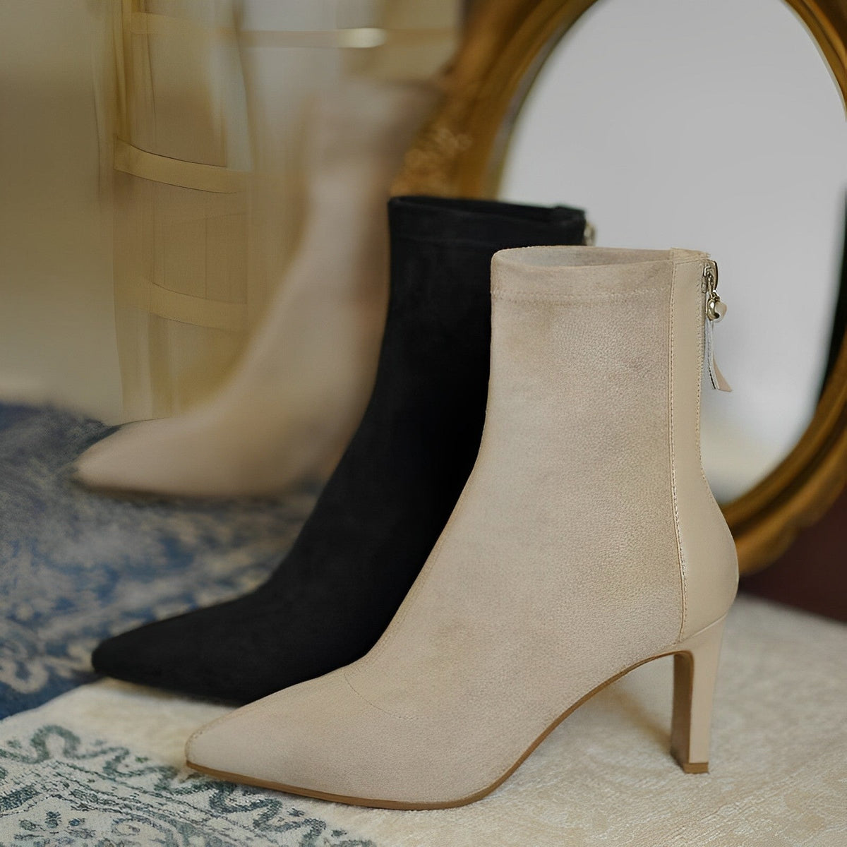 Women's pointed-toe ankle boots with high stiletto heels and side zippers