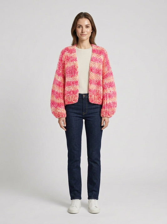 Women's pink and pale striped textured open-front cardigan