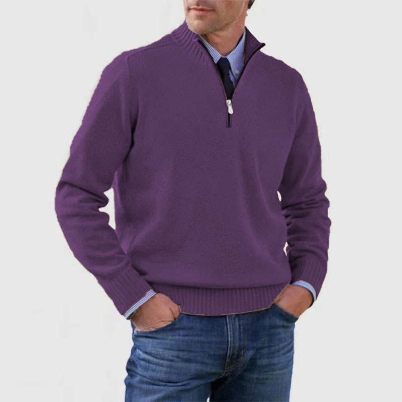 Men's half-zip mock neck sweater with long sleeves and ribbed trims