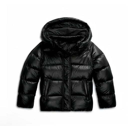 Glossy hooded puffer jacket with horizontal padded panels and front pockets