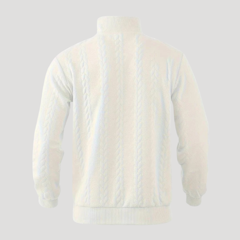 Men's cable knit half-zip sweater with mock neck and long sleeves