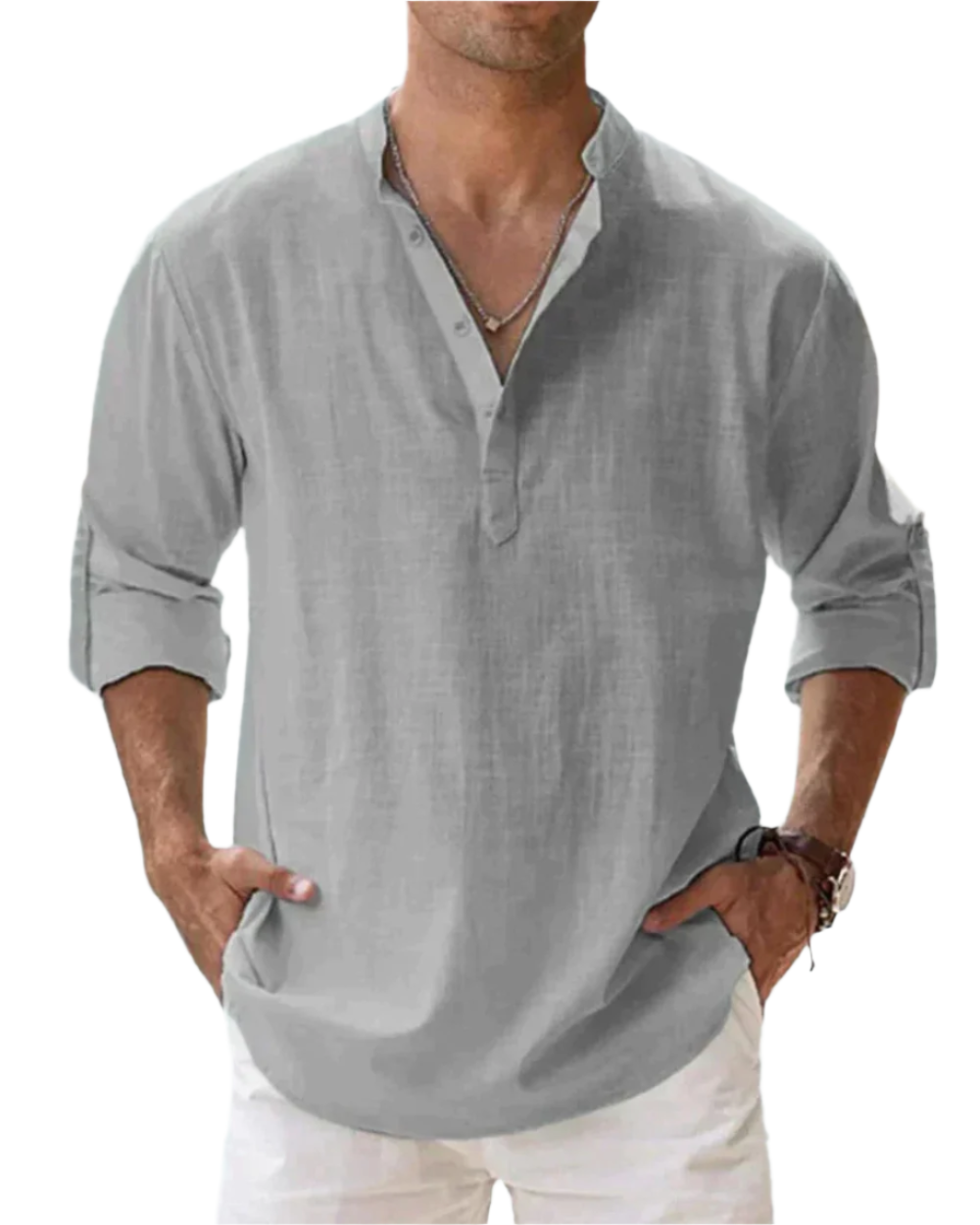 Men's solid long sleeve shirt with open collar and rolled sleeves