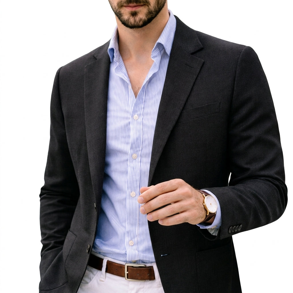 Men's knit blazer with notched lapels, long sleeves and front pockets