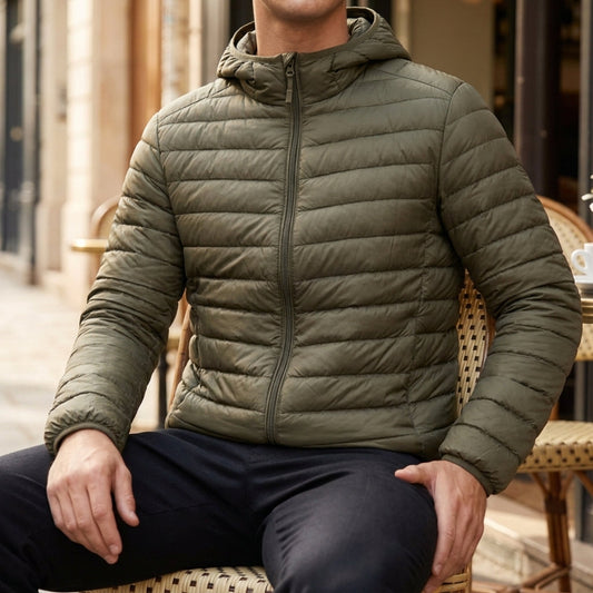 Men's quilted hooded puffer jacket with long sleeves and front zip