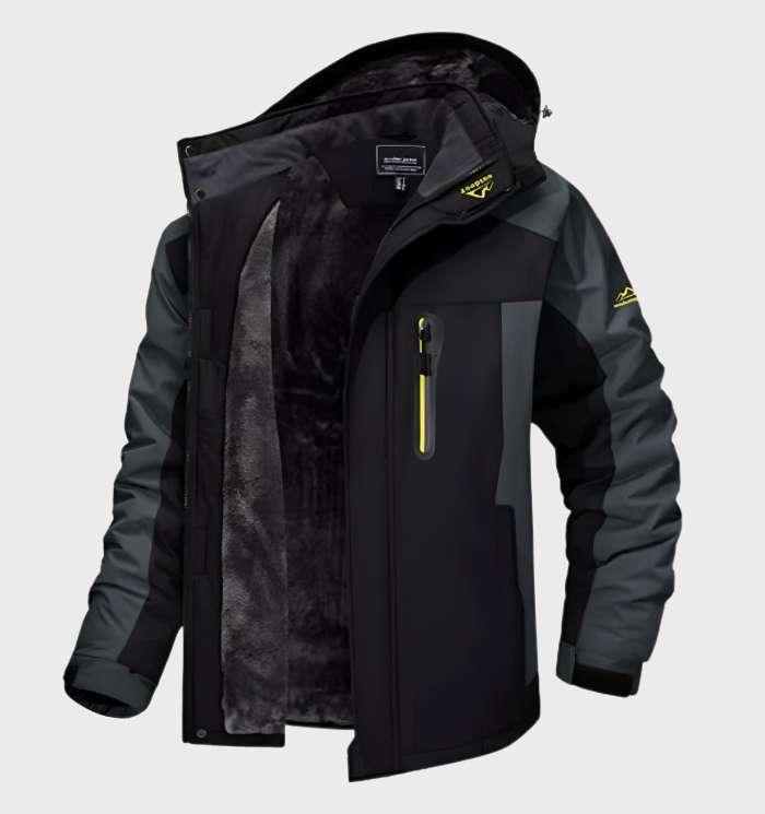 Men's hooded color-block jacket with long sleeves and fleece lining