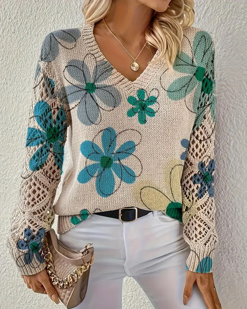 Women's floral open-knit V-neck sweater with long sleeves