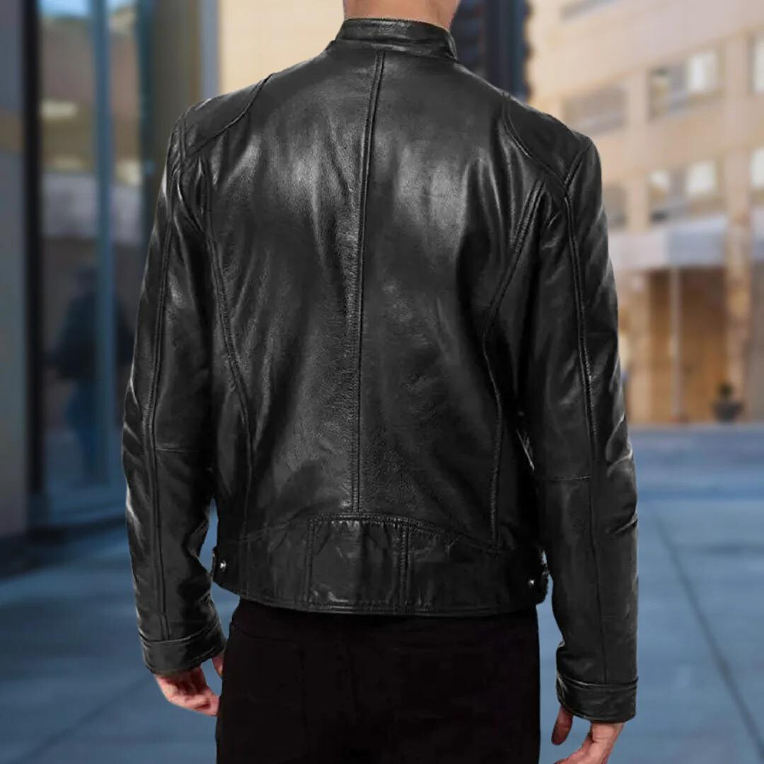 Men's leather jacket with stand collar, long sleeves, zip front and multiple zipped pockets