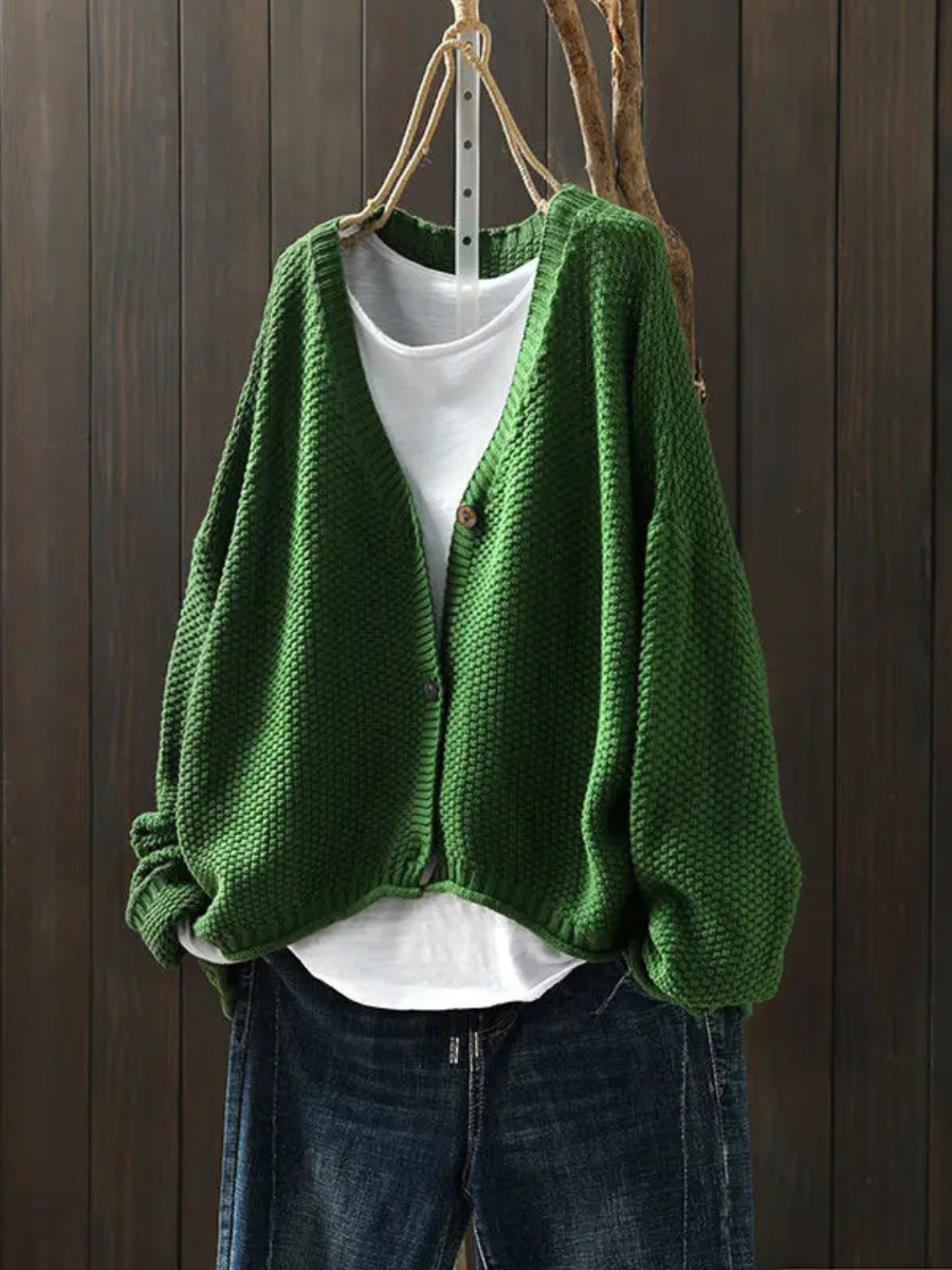 Women's textured knit cardigan with V-neck, button front and long sleeves