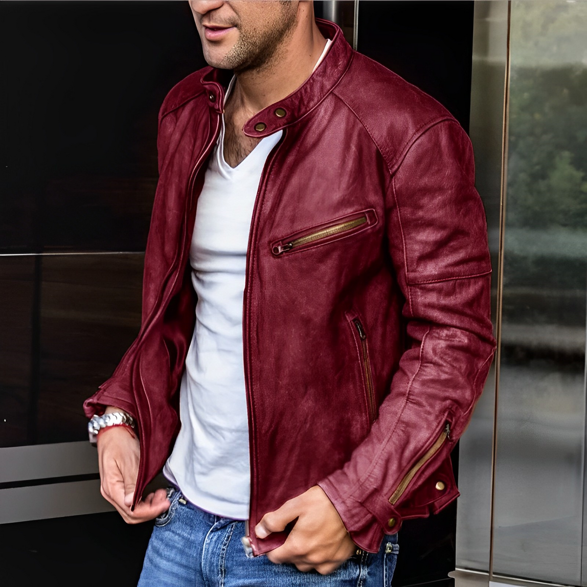 Men's aviator jacket with stand collar, long sleeves and multiple zip details