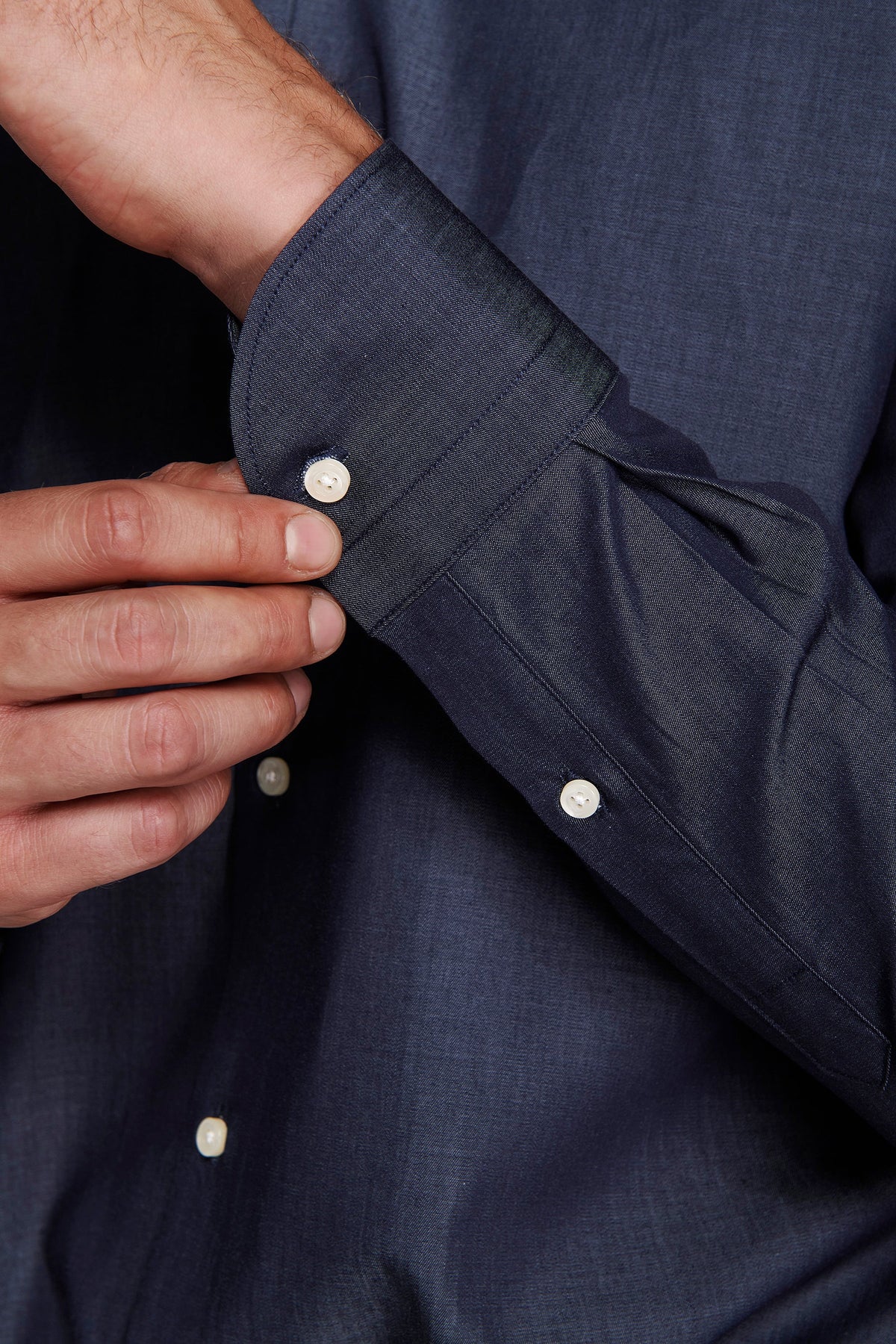 Men's navy slim fit long sleeve shirt with pointed collar and button front