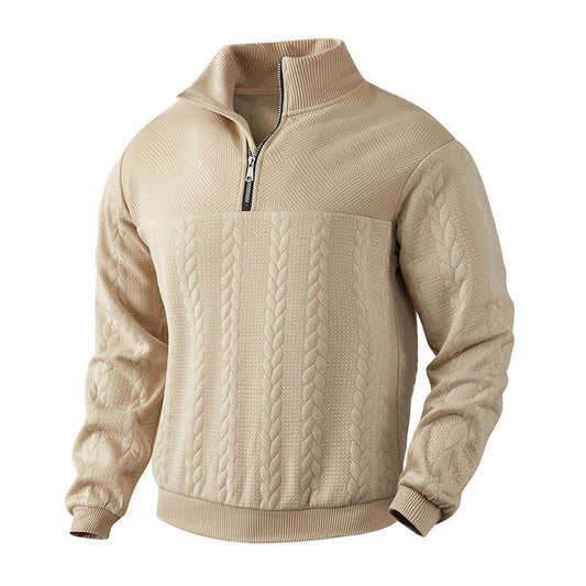 Men's cable knit quarter-zip sweater with mock neck and long sleeves