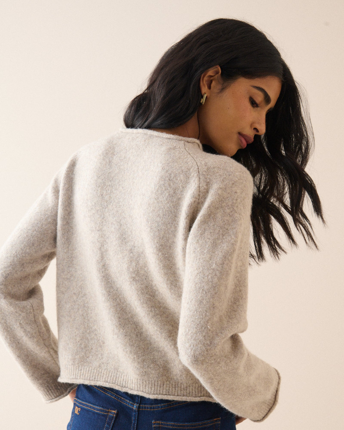 Women's beige boat neck jumper with long sleeves and ribbed trims