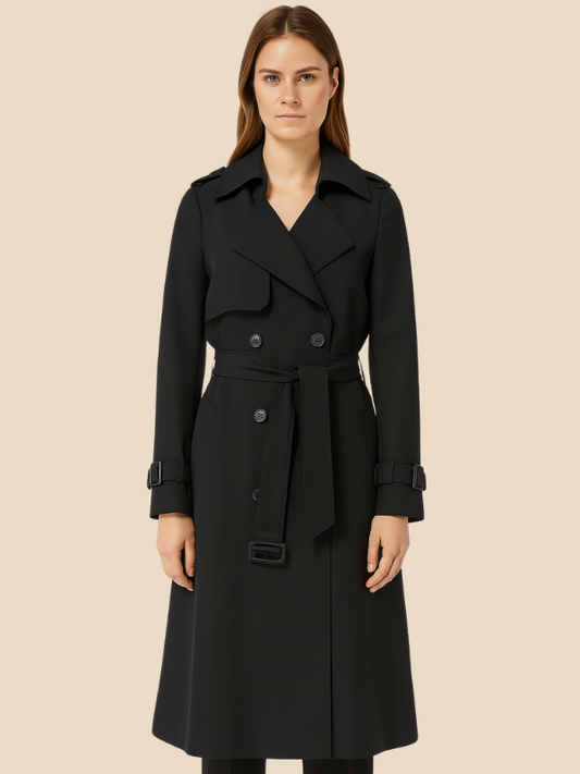 Women's belted double-breasted trench coat with long sleeves and notched collar