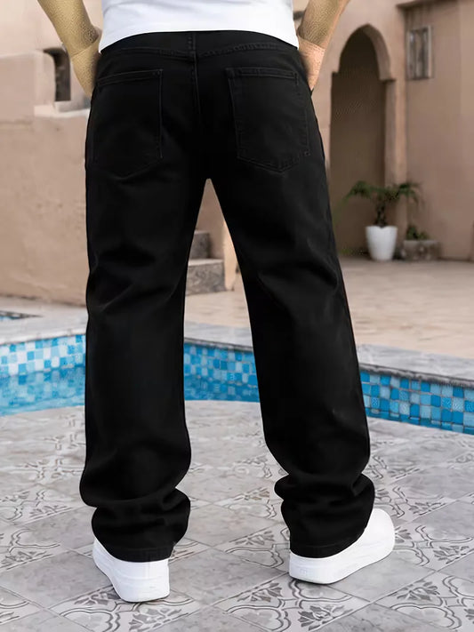 Men's black loose fit jeans with five pockets and wide full-length legs