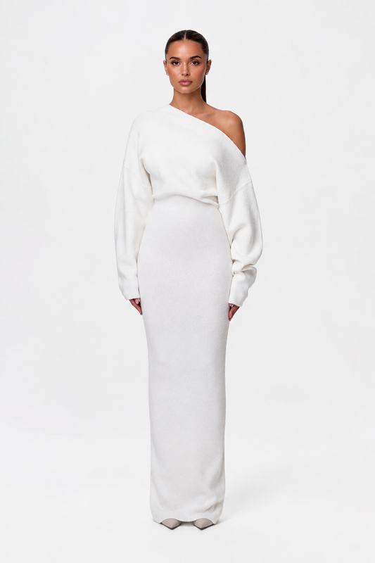 Women's asymmetric off-shoulder knit maxi dress with long sleeves