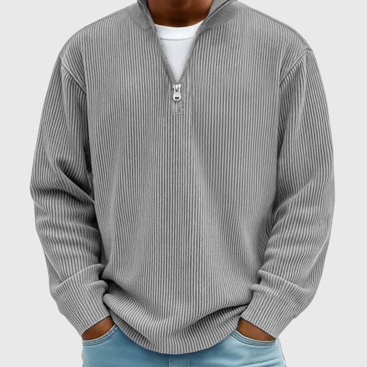Men's ribbed quarter-zip mock neck sweater with long sleeves