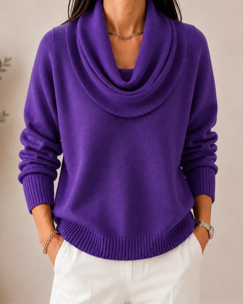 Women's knit sweater with draped cowl neckline, long sleeves and ribbed trims