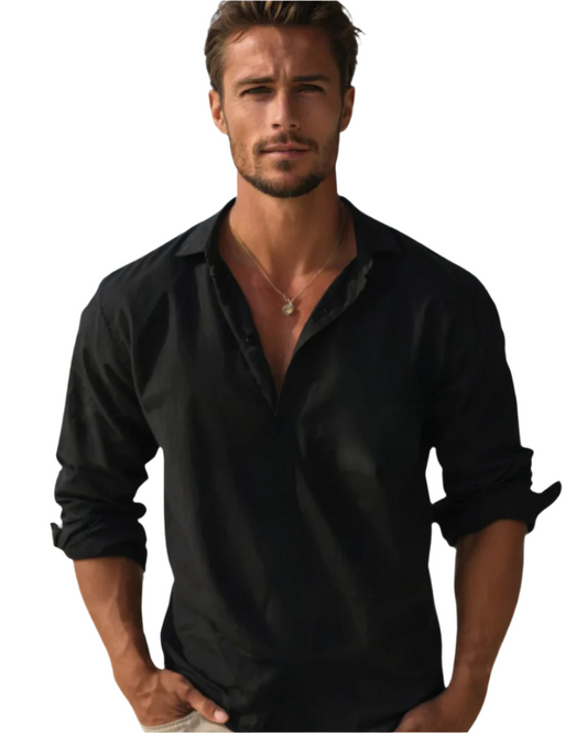 Men's solid long sleeve shirt with open collar and rolled sleeves