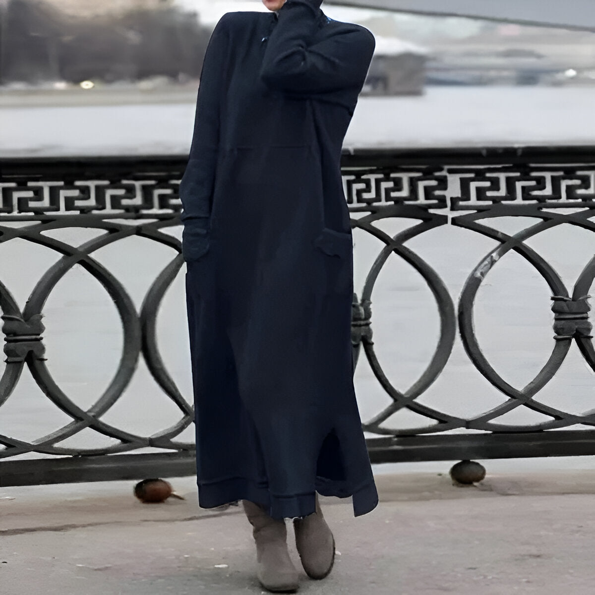 Women's long sleeve high neck maxi dress with side pockets and ankle-length hem