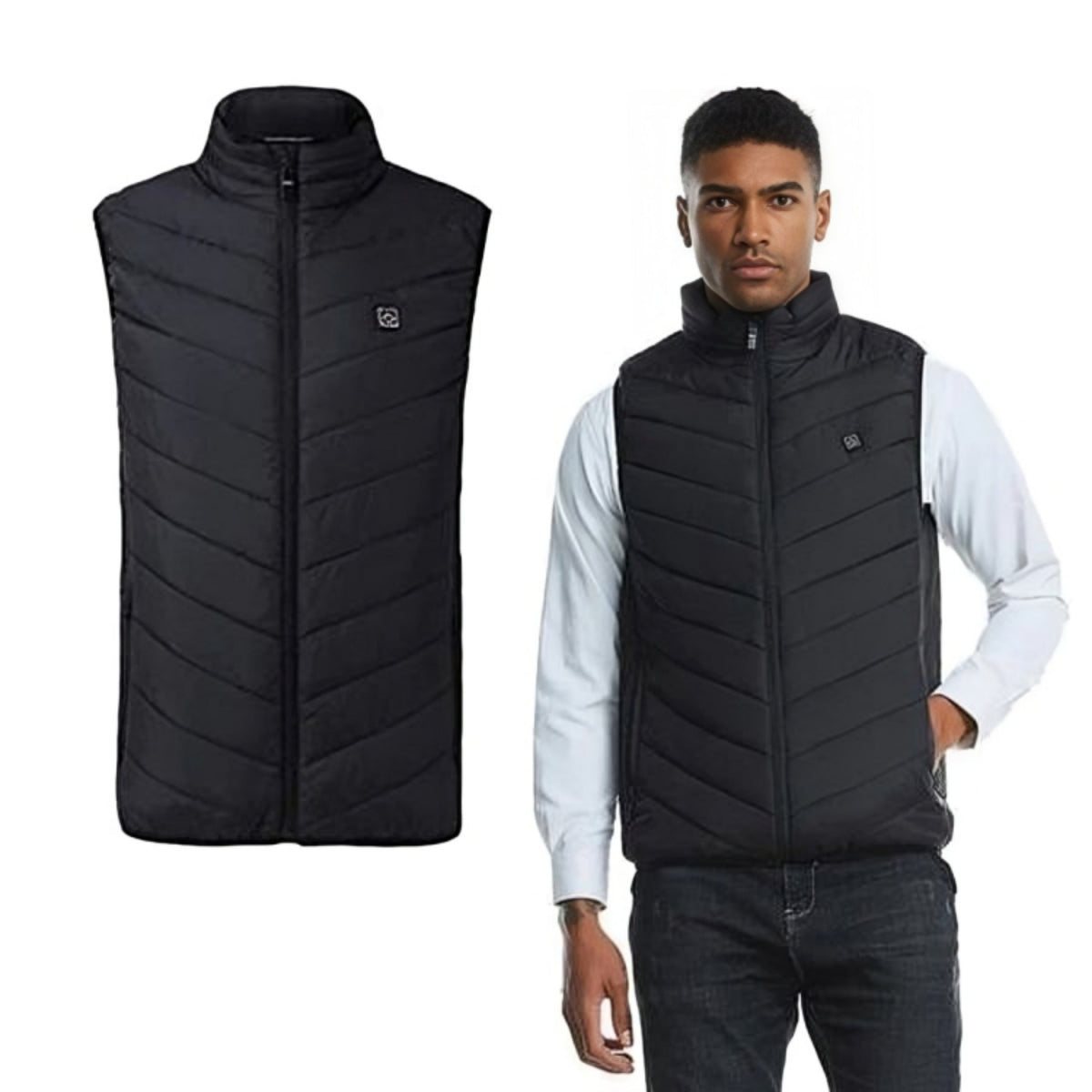 Men's sleeveless quilted puffer vest with raised collar and zip front
