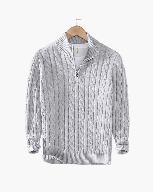 Cable knit sweater with mock collar, quarter zip and ribbed trims