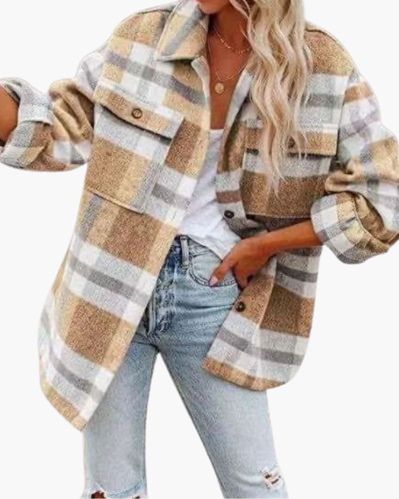 Women's oversized checked plaid jacket with pointed collar and button front