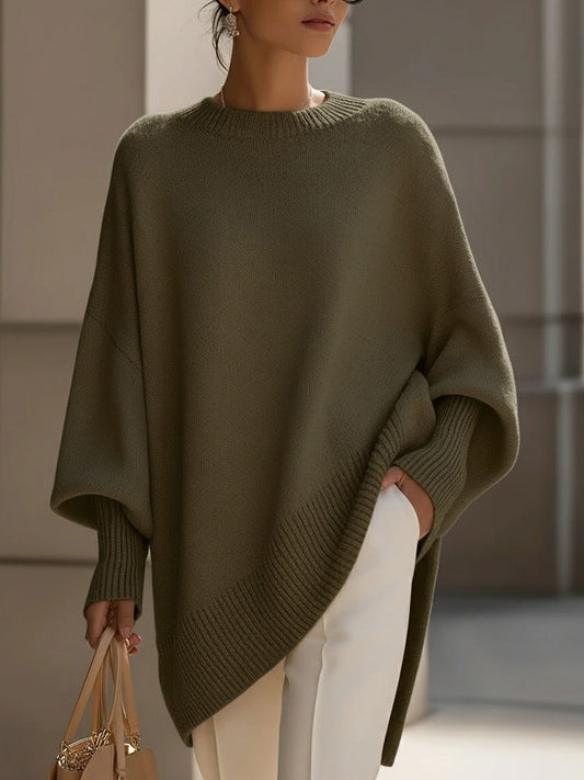 Pull oversize asymétrique en maille femme, col rond, manches longues