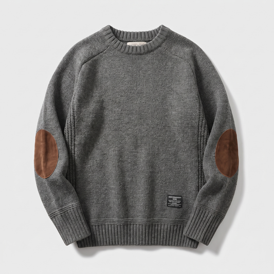 Textured crew neck knit sweater with contrasting elbow patches