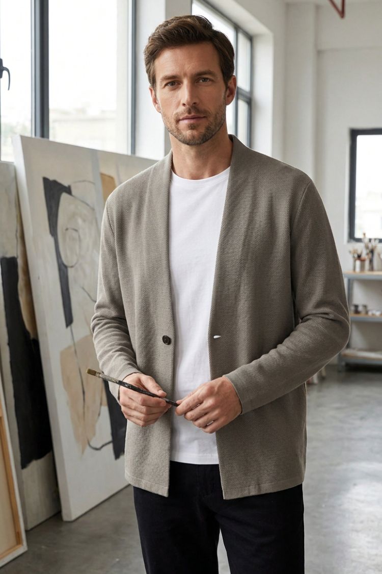 Men's textured cardigan with shawl collar and button front