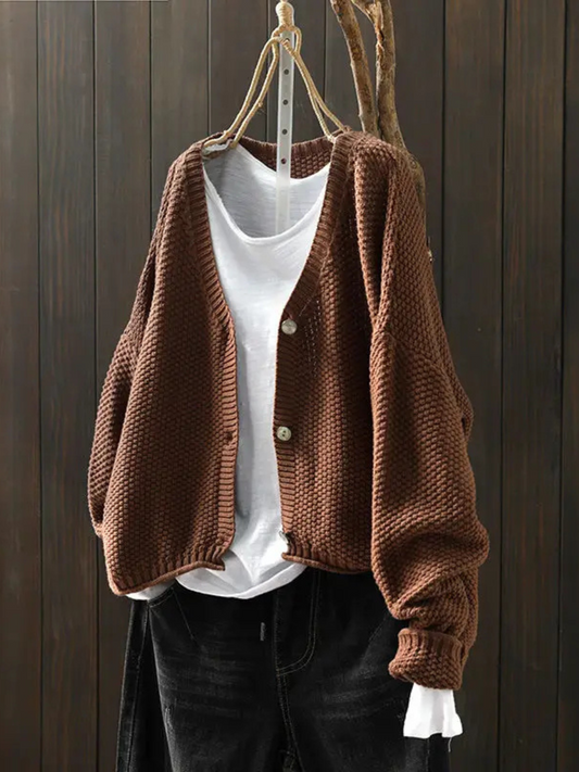 Women's textured knit cardigan with V-neck, button front and long sleeves