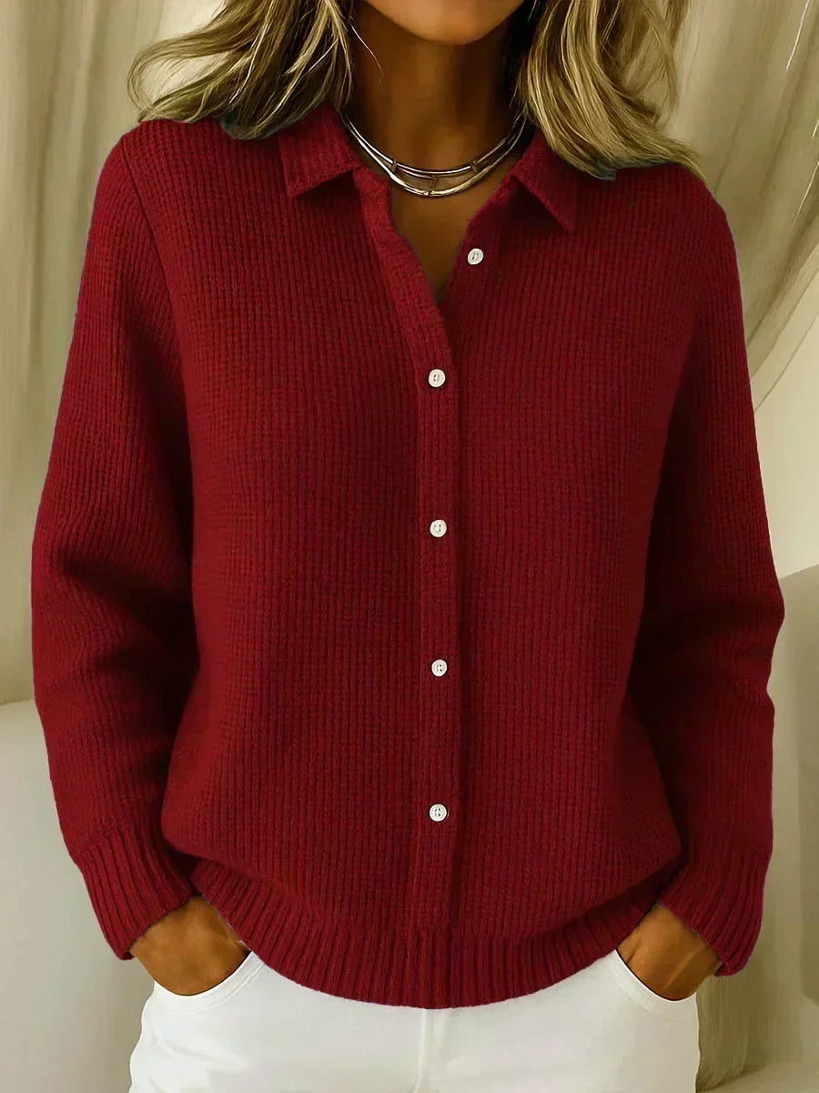 Women's textured waffle-knit cardigan with collar, buttons and long sleeves