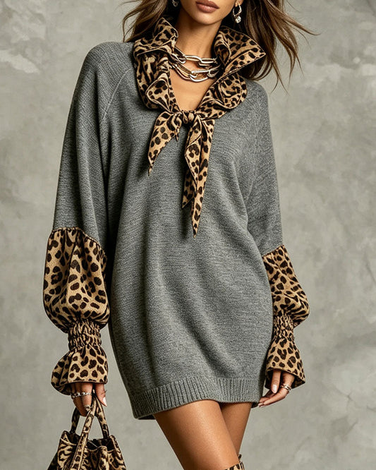 Women's grey sweater mini dress with leopard print tie collar and cuffs