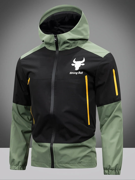 Men's black and green hooded jacket with yellow zips