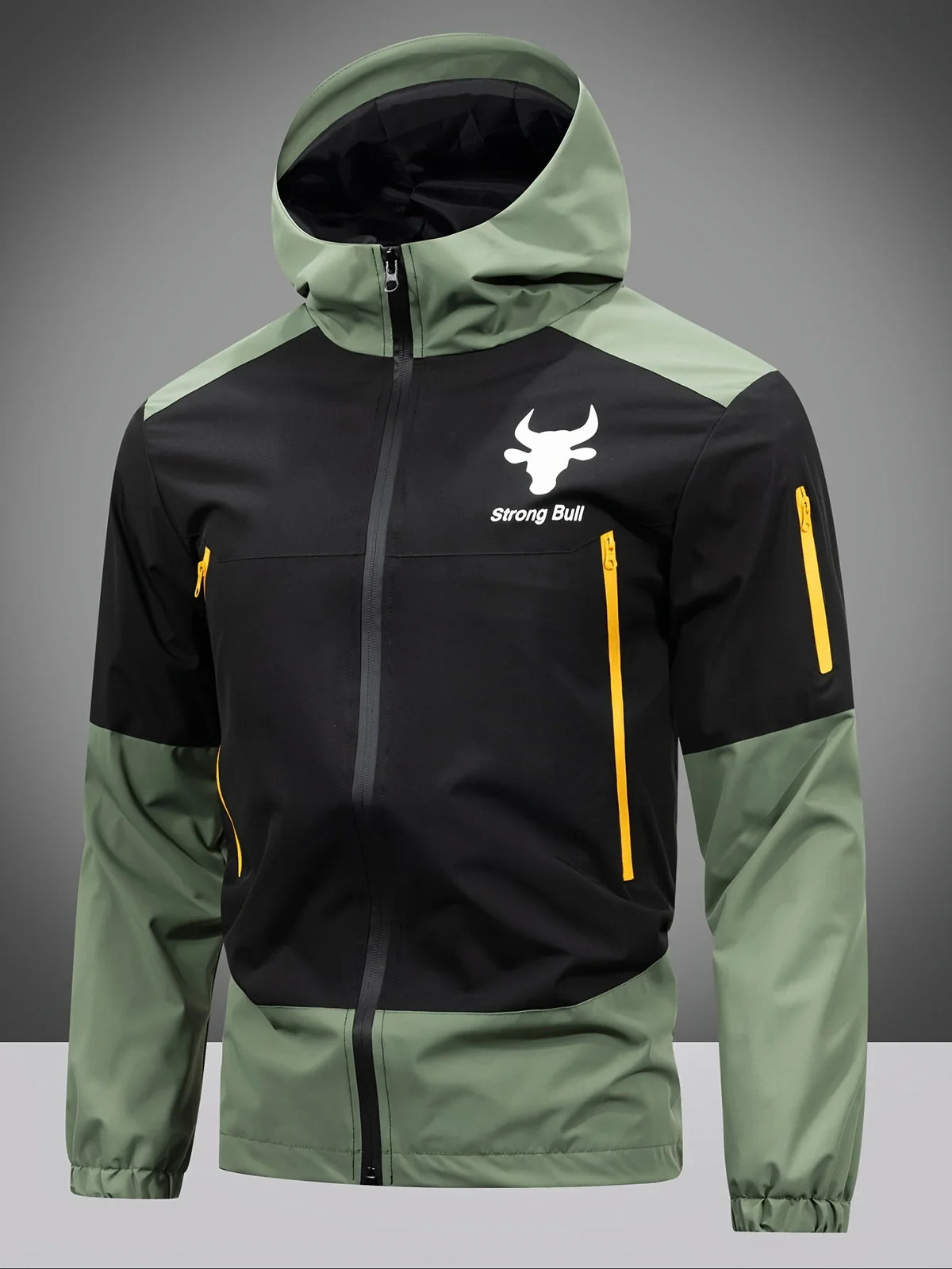 Men's black and green hooded jacket with yellow zips