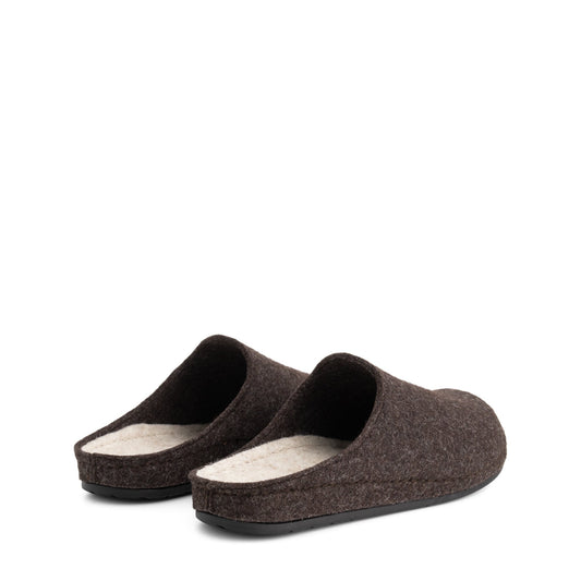 Pair of brown closed-toe house slippers with light footbeds and black flat soles