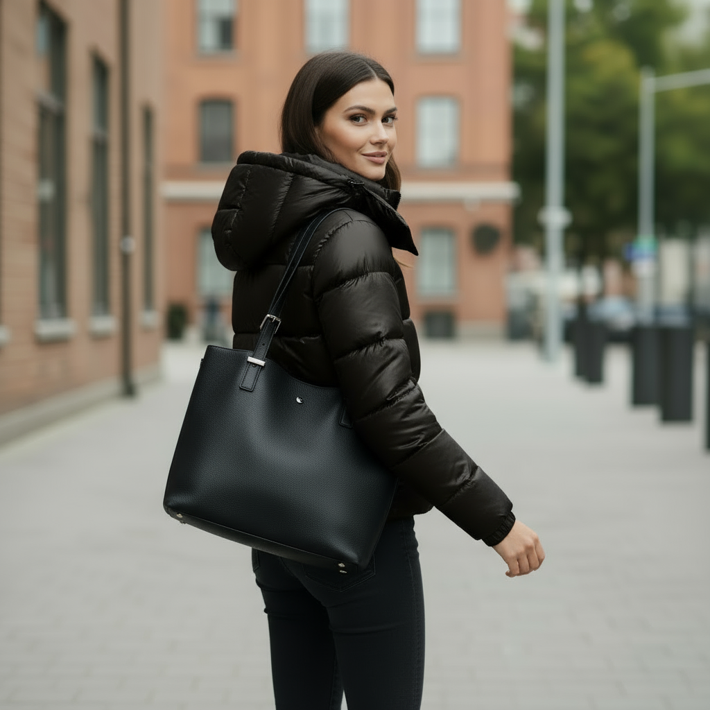 Glossy hooded puffer jacket with horizontal padded panels and front pockets