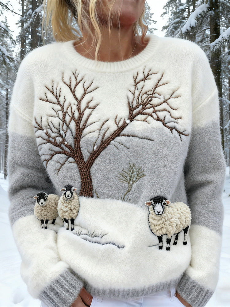Women's crew neck jumper with embroidered winter landscape and sheep