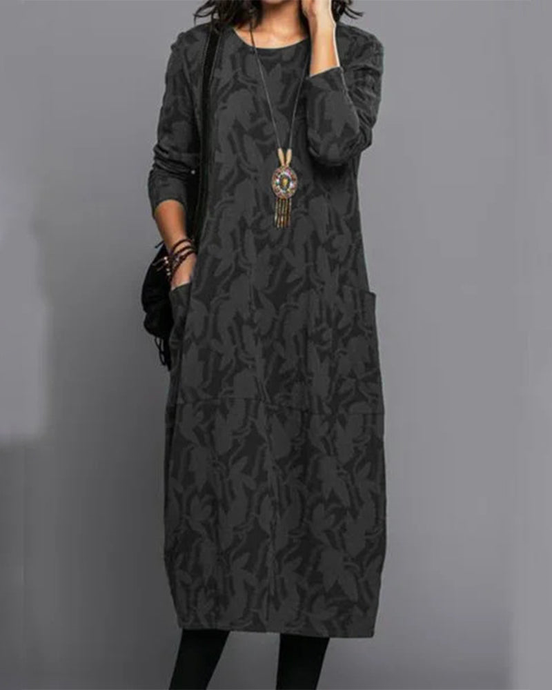 Women's long sleeve abstract leaf pattern midi dress with side pockets