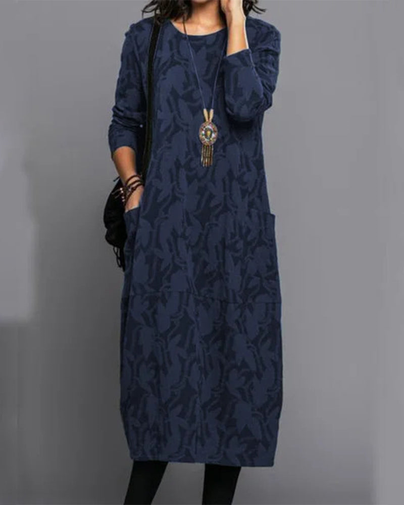 Women's long sleeve abstract leaf pattern midi dress with side pockets