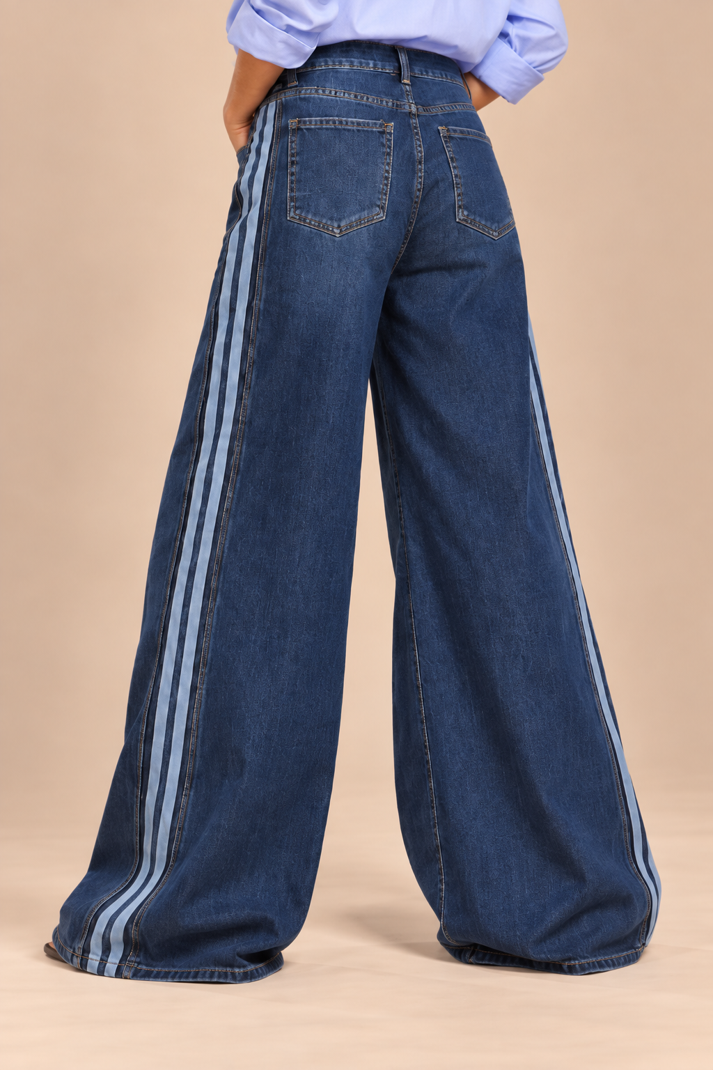 Women's dark blue wide-leg jeans with contrasting vertical side stripes
