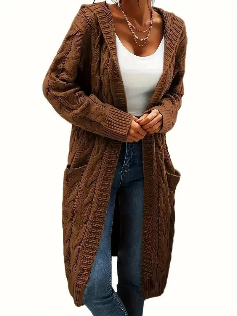 Women's longline textured open cardigan with long sleeves and side pockets