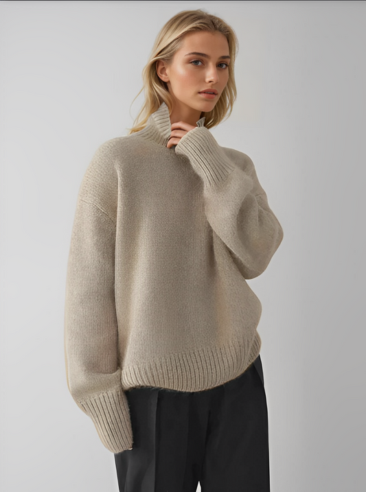 Women's relaxed turtleneck sweater with long sleeves and ribbed trims
