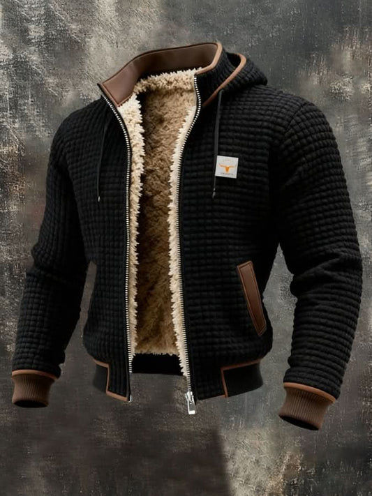 Men's quilted hooded jacket with teddy lining, zip front and ribbed trims
