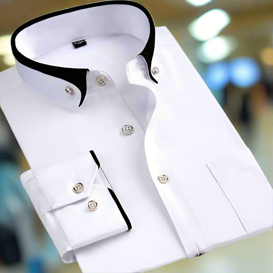 Men's long-sleeve button-down shirt with contrast collar and cuff trim