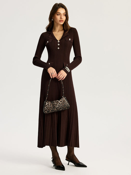 Women's dark brown ribbed knit maxi dress with lapel collar and long sleeves