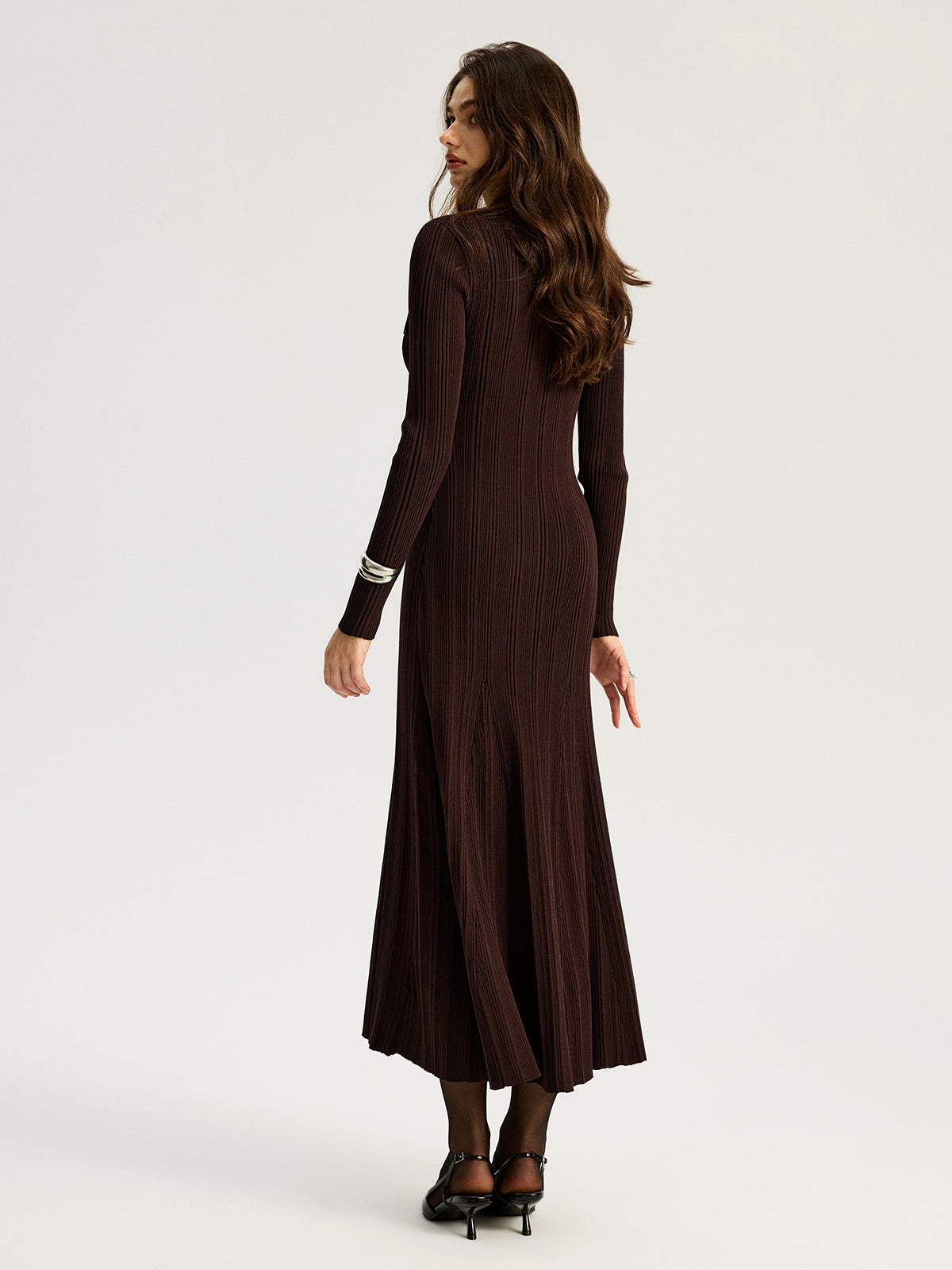 Women's dark brown ribbed knit maxi dress with lapel collar and long sleeves