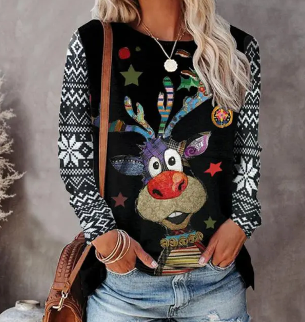 Women's Christmas reindeer sweater with snowflake motifs